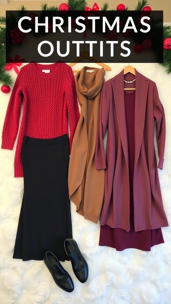 A collection of chic Christmas outfits for curvy women, including a sweater dress, turtleneck with trousers, and an A-line dress, displayed with holiday decorations.
